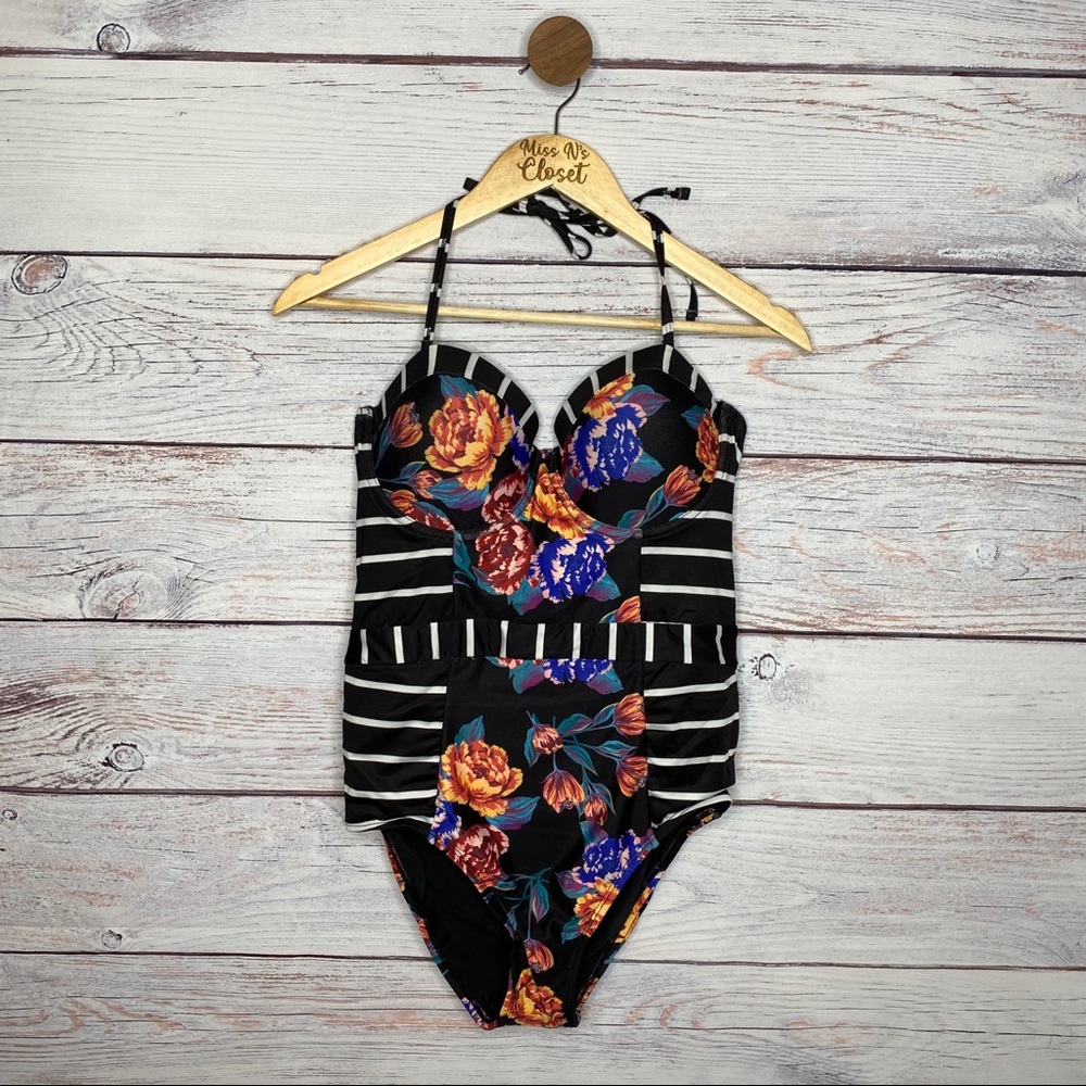ModCloth Black Floral Stripped One-Piece Swimsuit - Picture 6 of 9